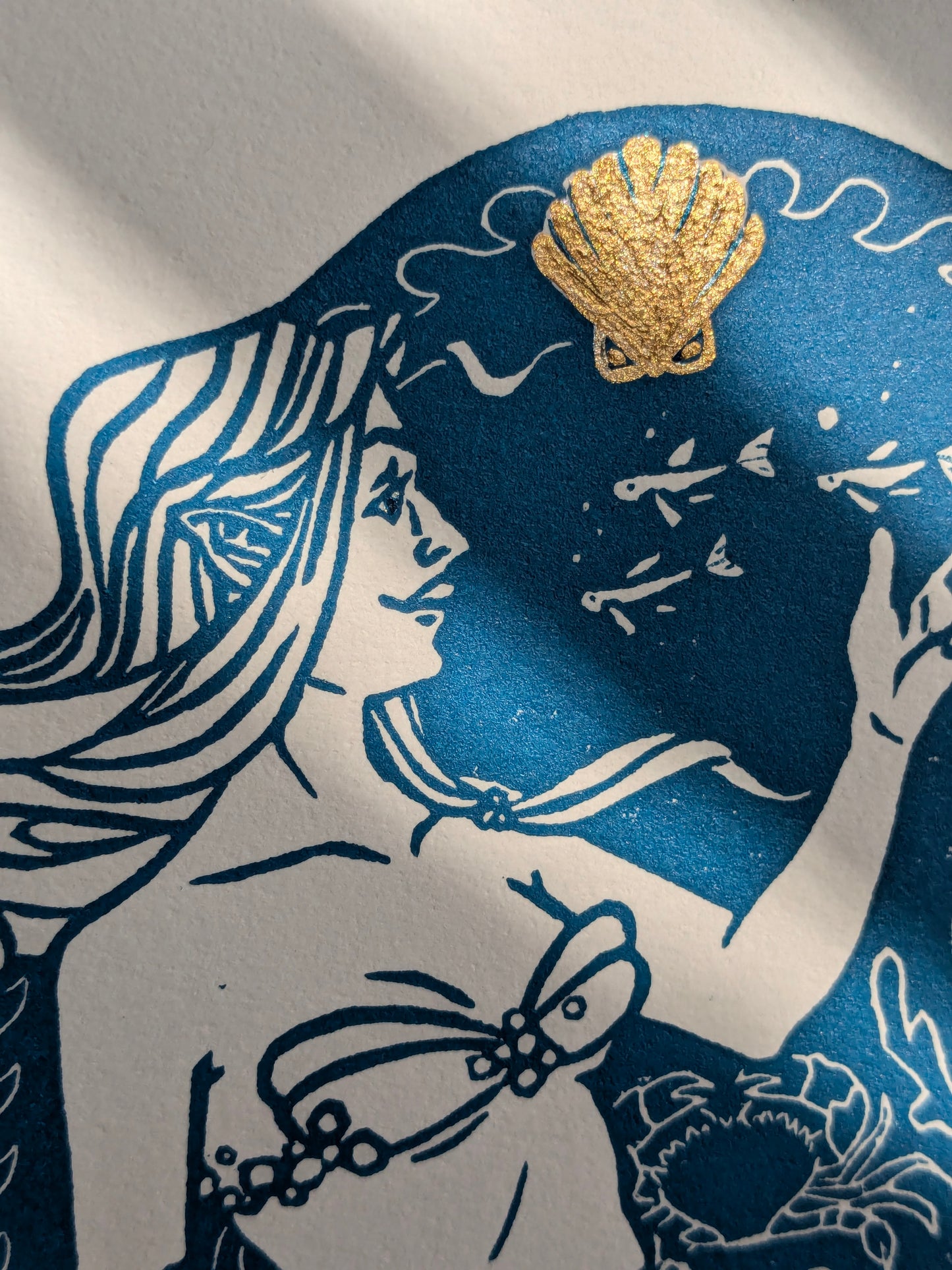 Lino Print - Sea Nymph (Blue & Gold)