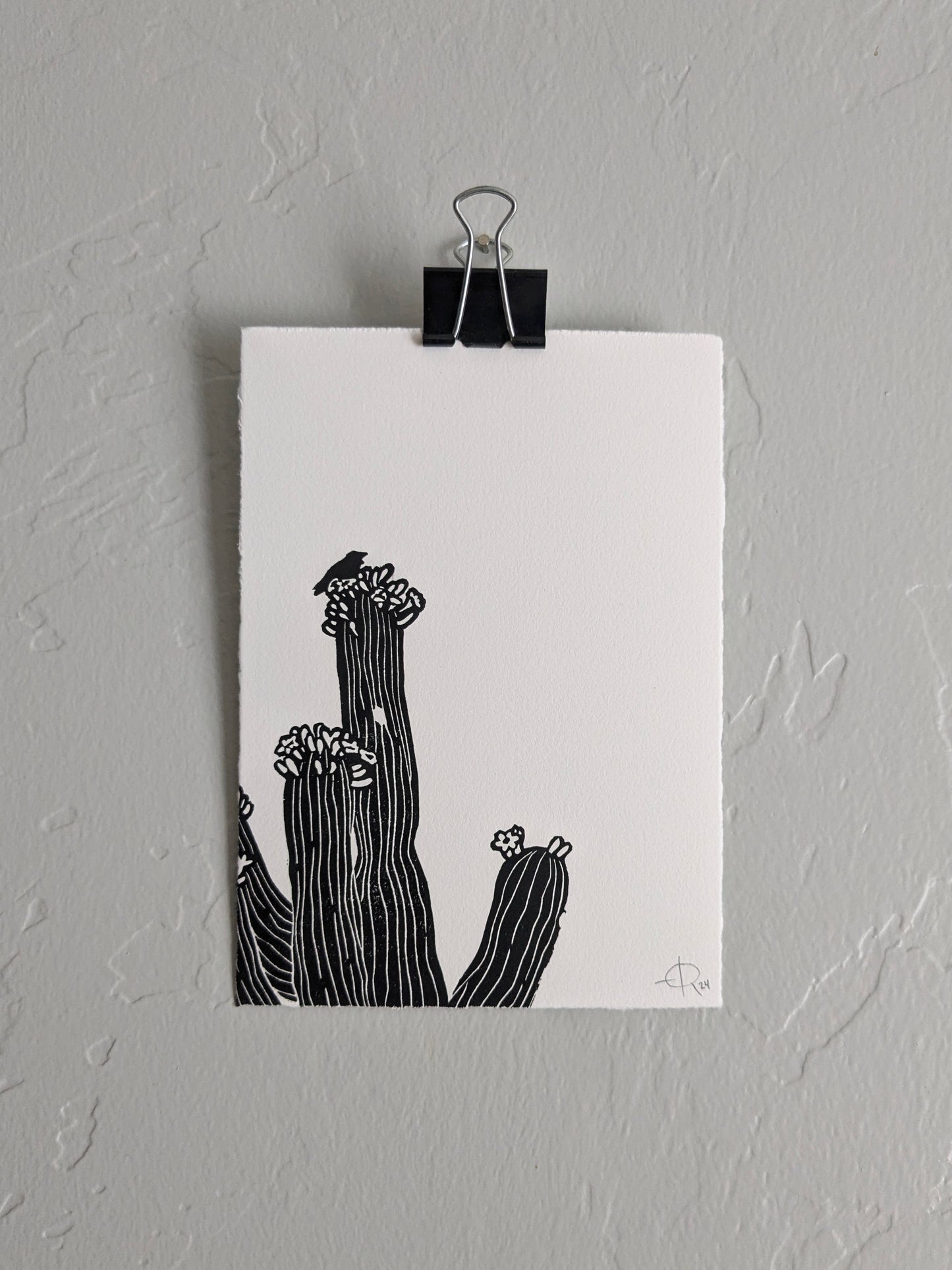 Lino Print - Saguaro & Wren (Corner)