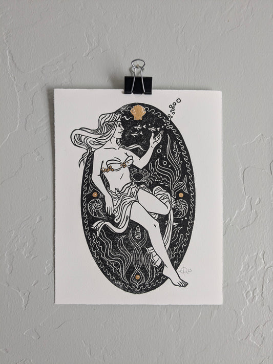 Lino Print - Sea Nymph (Black & Gold)