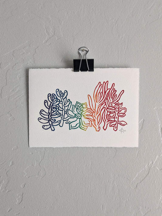 Lino Print - Succulents (Gay Flag Variation)