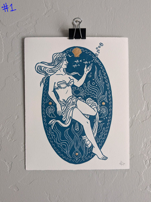 Lino Print - Sea Nymph (Blue & Gold)