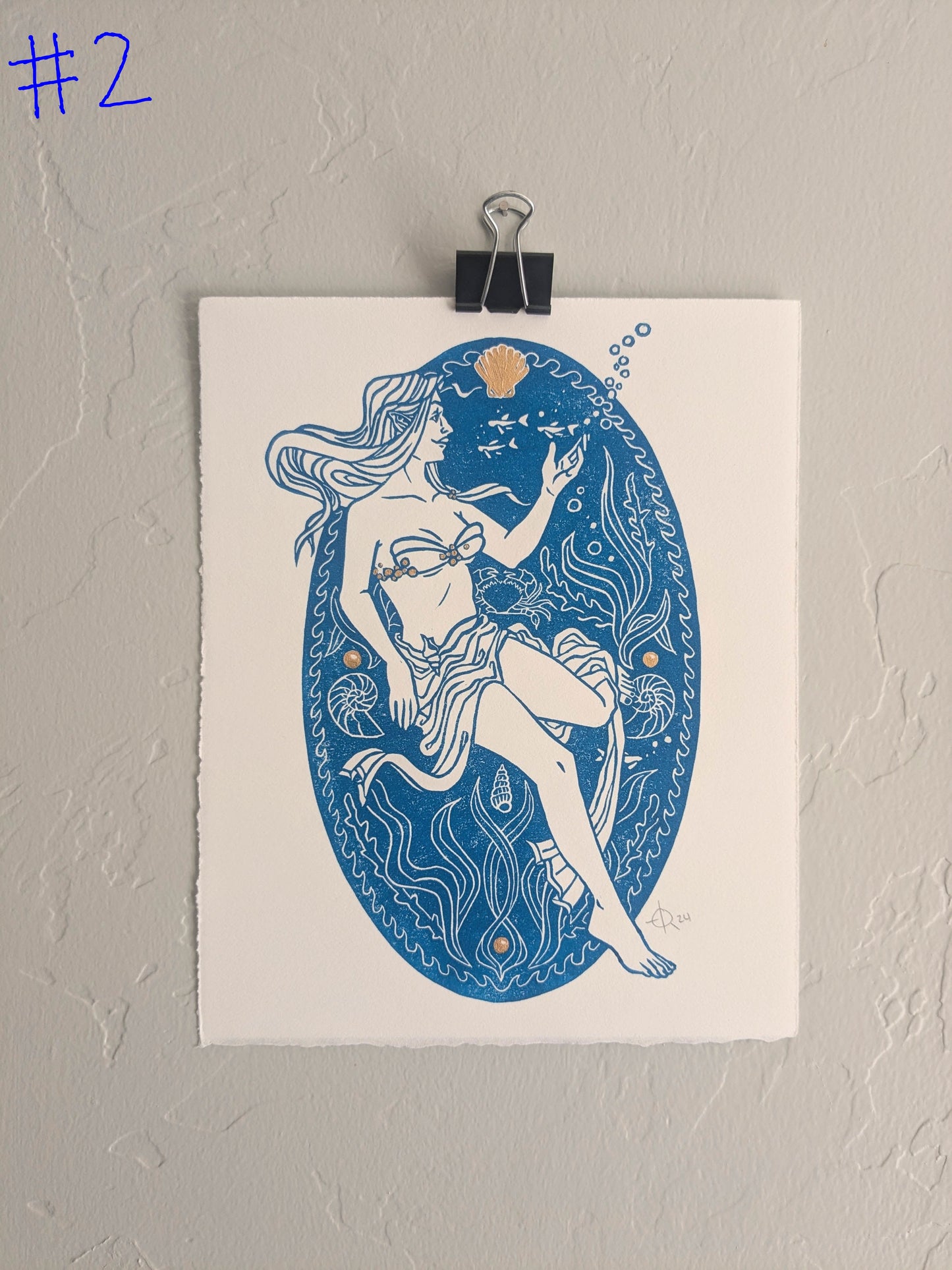 Lino Print - Sea Nymph (Blue & Gold)