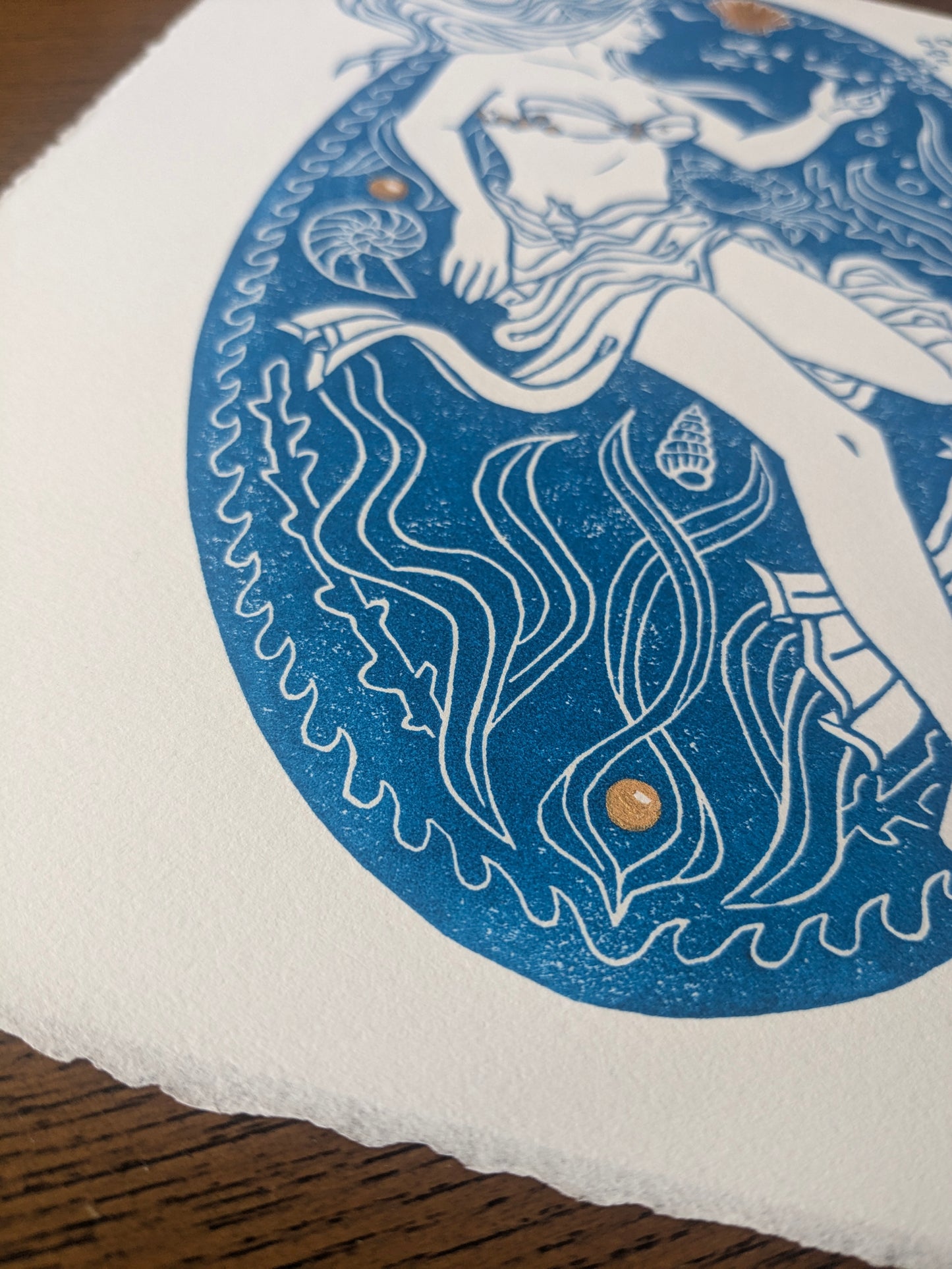 Lino Print - Sea Nymph (Blue & Gold)