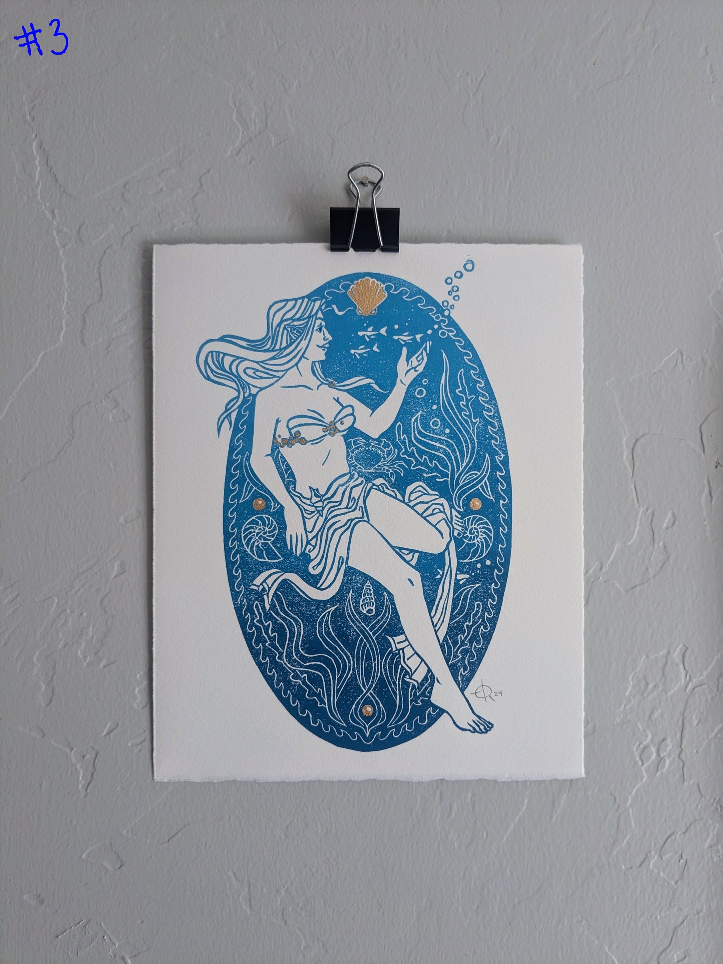 Lino Print - Sea Nymph (Blue & Gold)