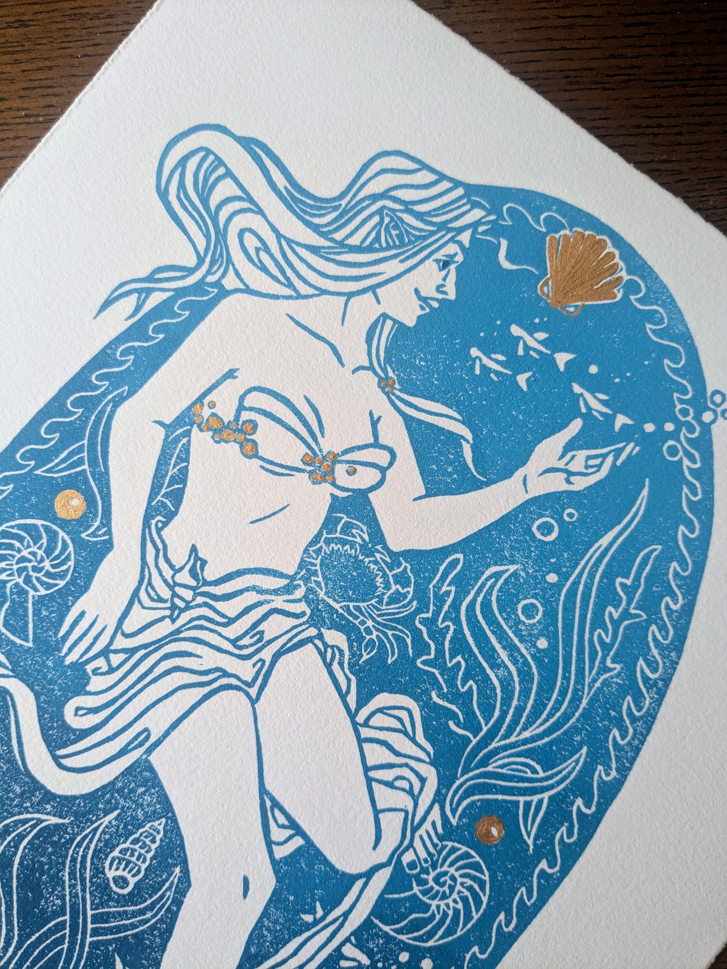 Lino Print - Sea Nymph (Blue & Gold)